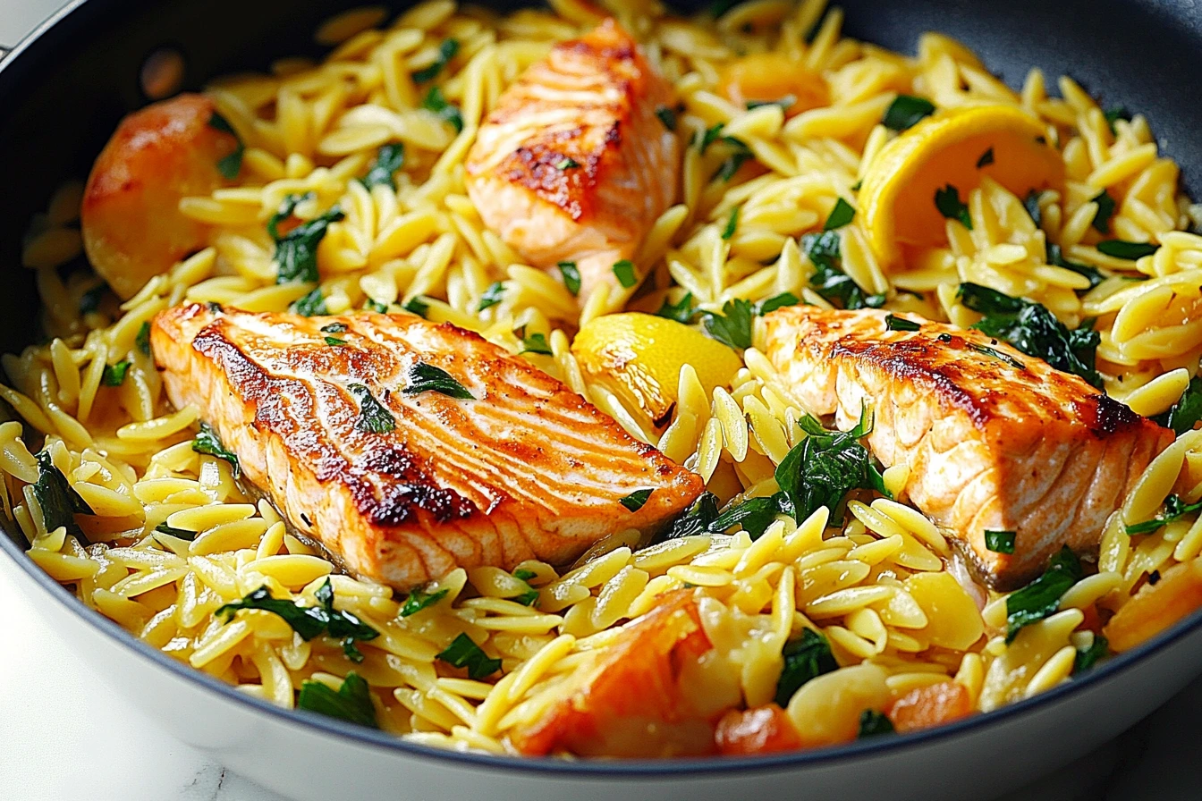 One Skillet Salmon with Lemon Orzo